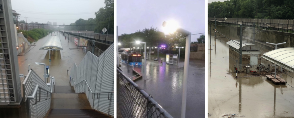 Collage of the historic flooding on the MetroLink system in July 2022