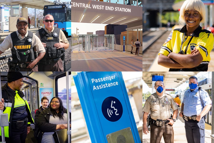 A collage of image showing Metro security at stations along with signage.