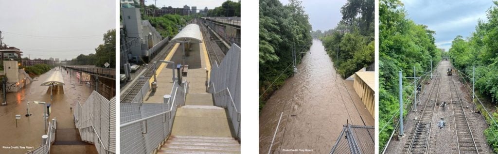 Four images side by side showing before and after flooding. From left to right: Forest Park-DeBaliviere Station flooded, Forest Park-DeBaliviere Station a few days later, Tracks between Forest Park and Delmar flooded, tracks between Forest Park and Delmar a few days later