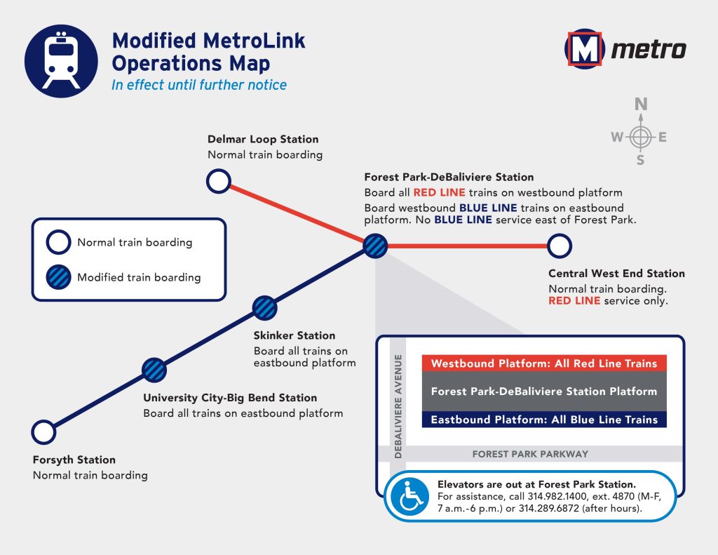 Map that shows modified boarding at the U-City Big Bend, Skinker and Forest Park Stations