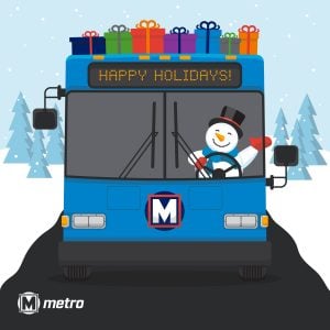 A graphic of a snowman driving a MetroBus that is decorated to celebrate the winter holidays