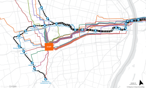 A map of the St. Louis area overlaid with running routes