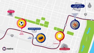 A map of downtown St. Louis highlighting MetroLink stops connected to sports venues