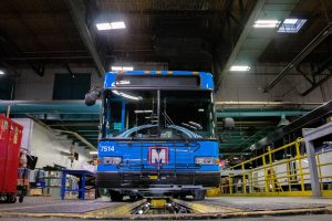 A MetroBus in a maintenance garage