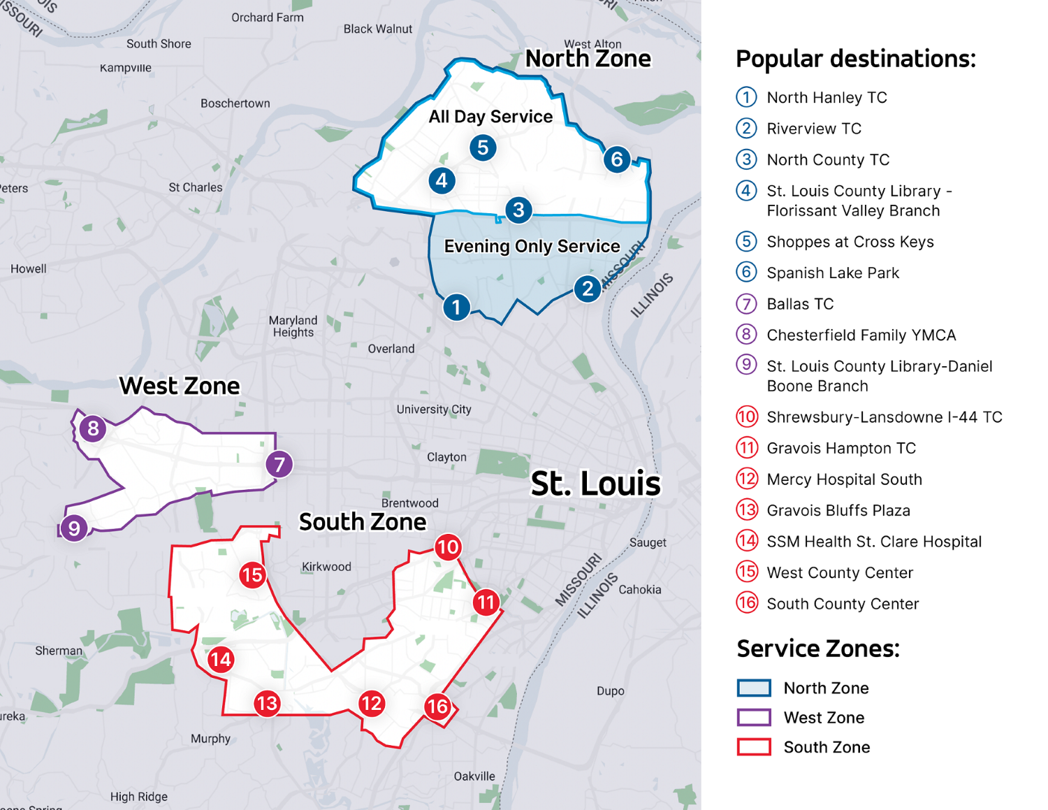 A map of the St. Louis area showing service zones for Via STL service.