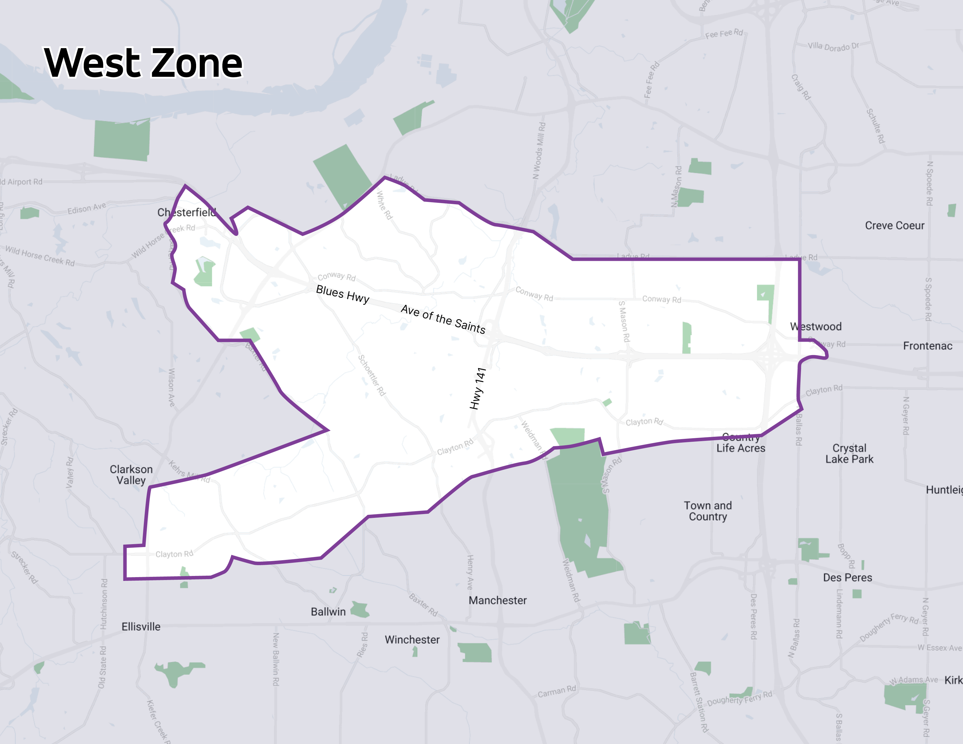 Via Service Area Map for West St. Louis County (Updated 5/30/2023)