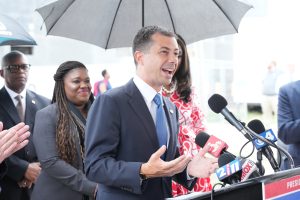 U.S. Secretary of Transportation Pete Buttigieg speaks at a press conference