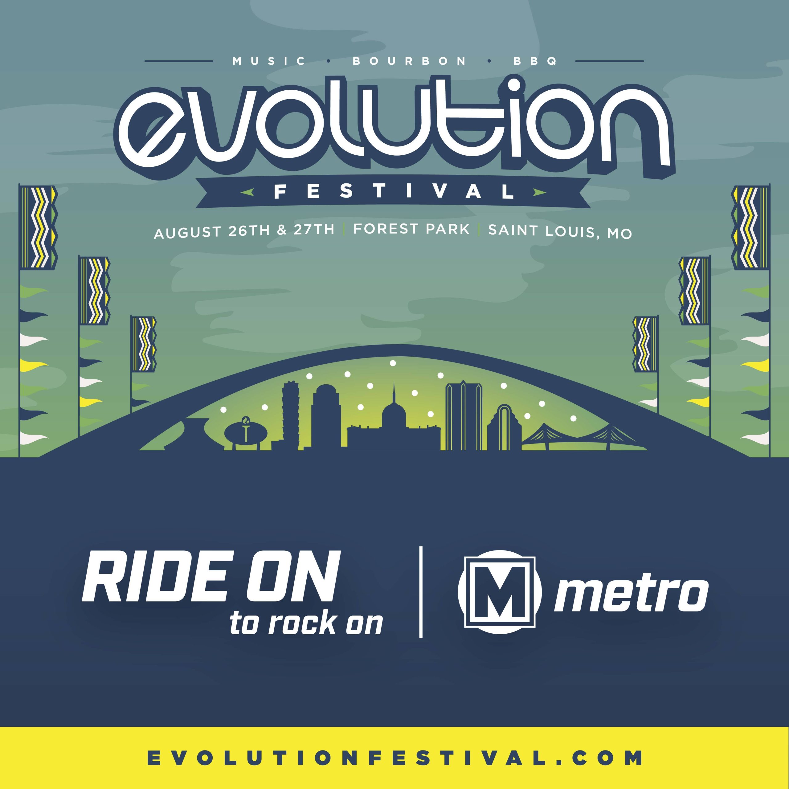 Graphic highlighting Evolution Festival at Forest Park on August 26 & 27