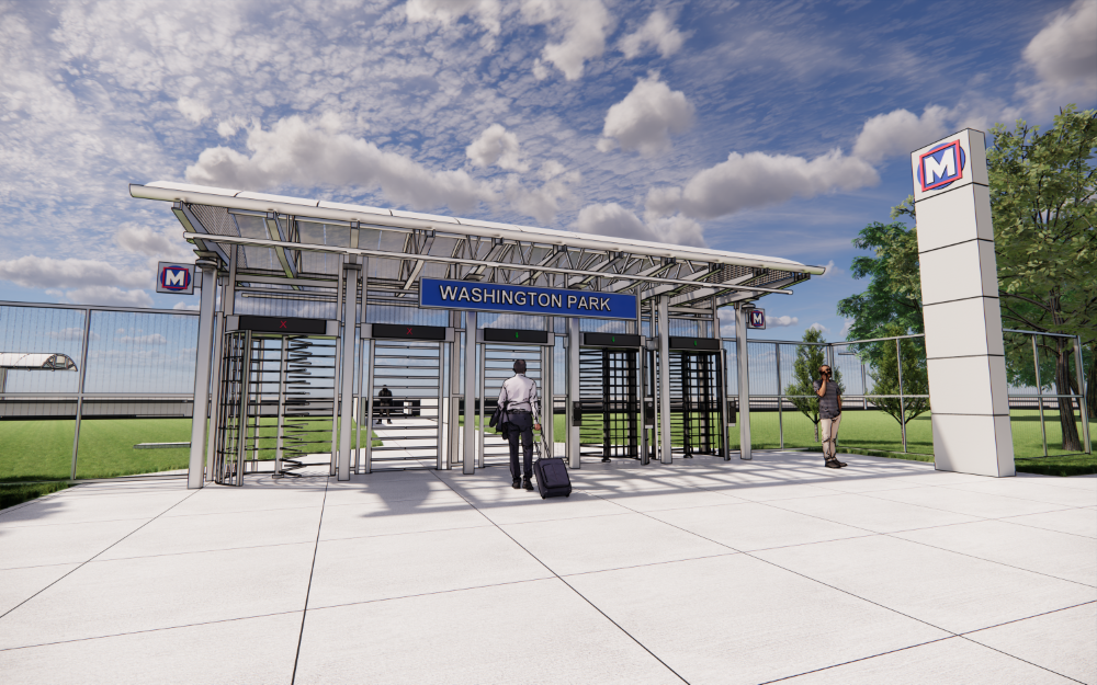Rendering of Washington Park MetroLink Station with gates and fencing installed