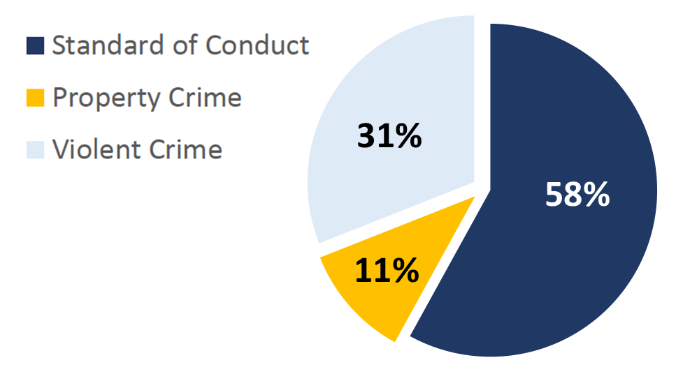 Pie chart showing Offense Types handled by the MetroLink Task Force in Q2 of 2023. Standard of Conduct 58%; Property Crime 11%; Violent Crime 31%.