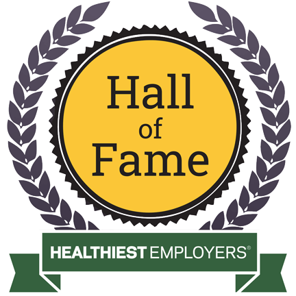 Badge with laurel winner's wreath surrounding text 'Healthiest Employers Hall of Fame'