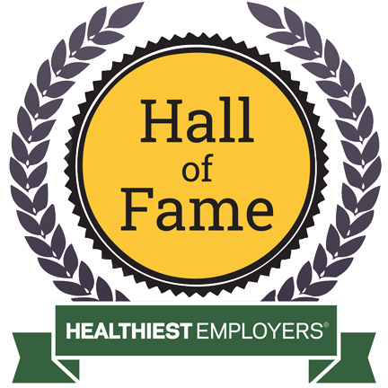 Badge with laurel winner's wreath surrounding text 'Healthiest Employers Hall of Fame'