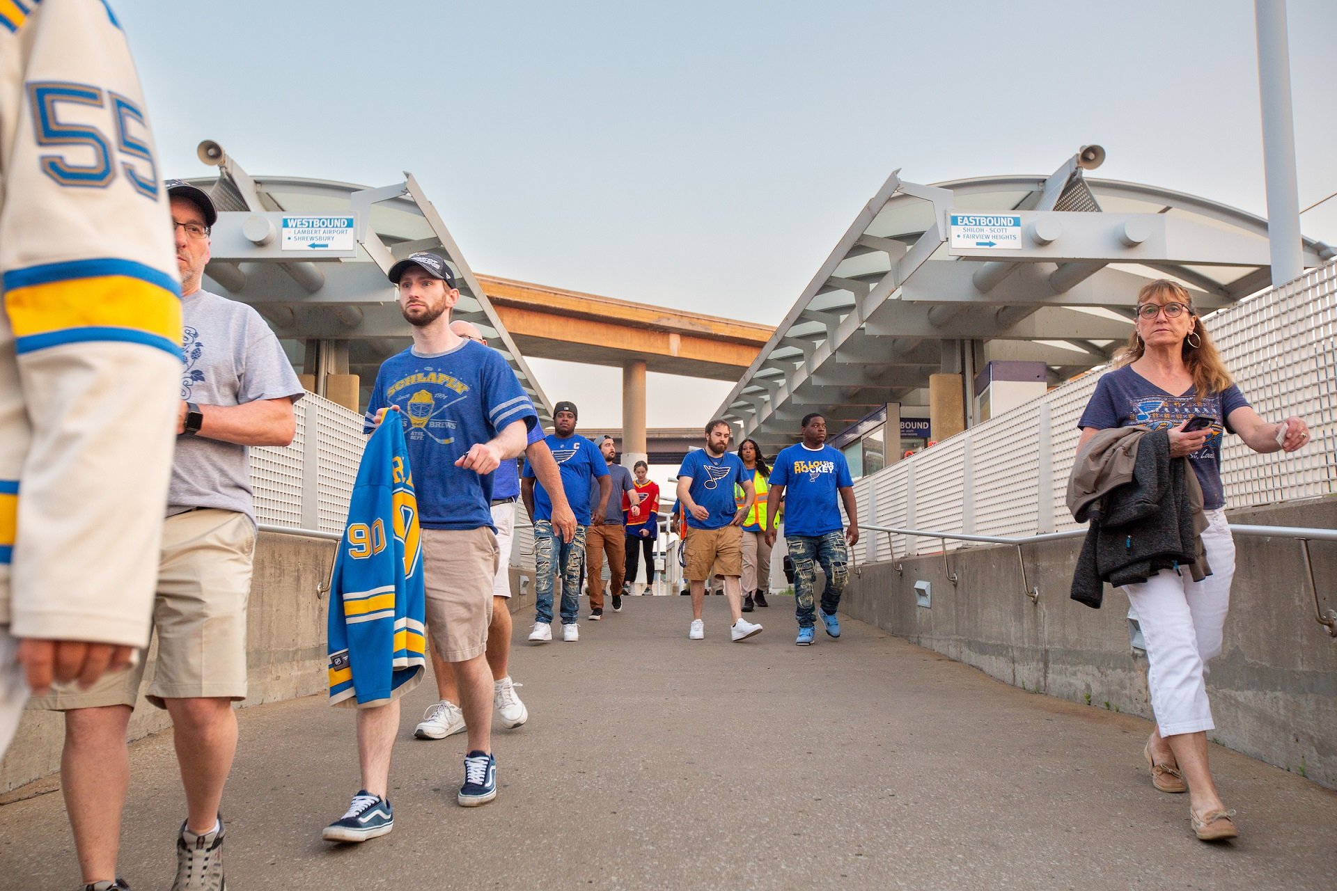 Photo of Blues fans walking from the Civic Center MetroLink Station platform