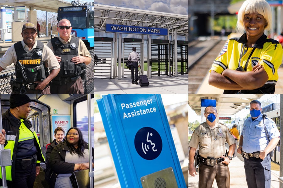 Collage showing Metro security personnel at stations, along with signage and rendering of SPP gates