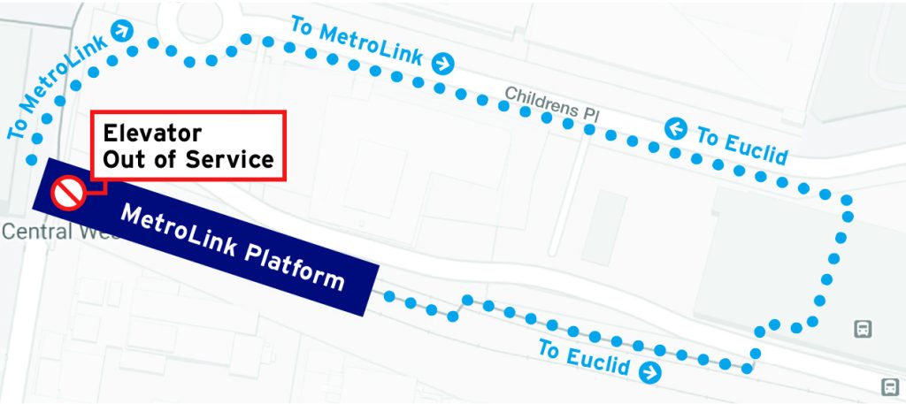 Map showing detour around closure to west entrance at CWE station, detour north on Euclid, east on Childrens Place, southwest through MetroBus Center to CWE Station platform