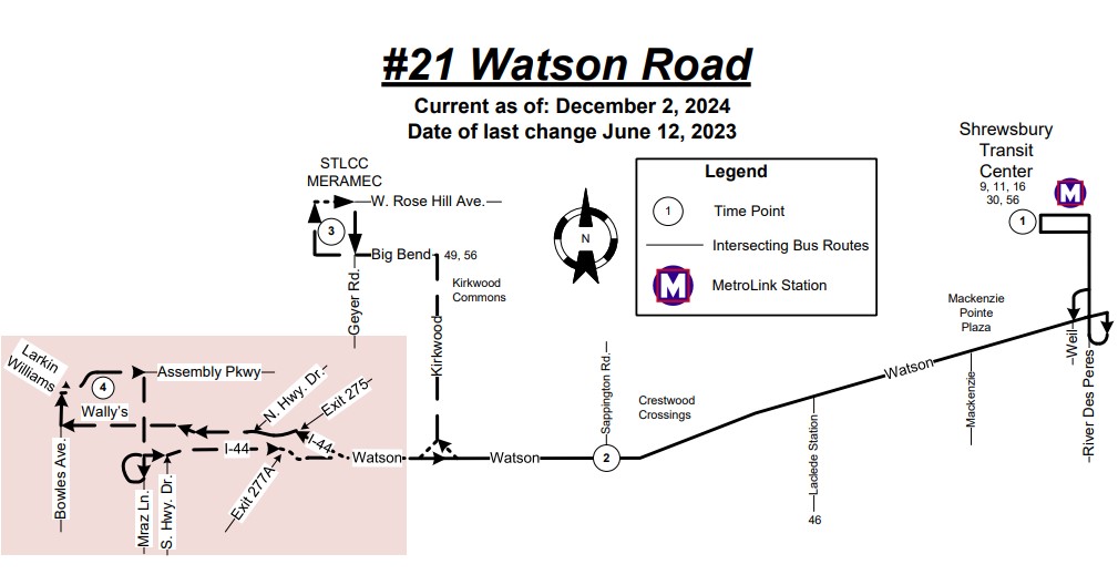 Route map of #21 Watson Road MetroBus, effective December 2, 2024