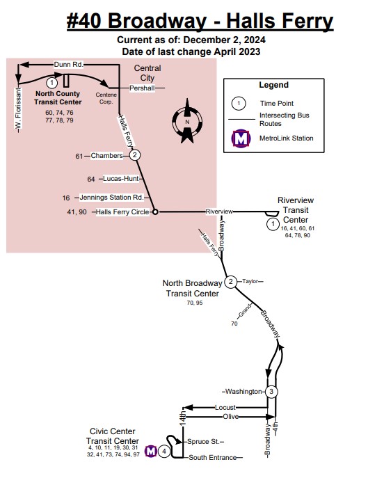 Map of #40 Broadway-Halls Ferry MetroBus route, effective December 2, 2024