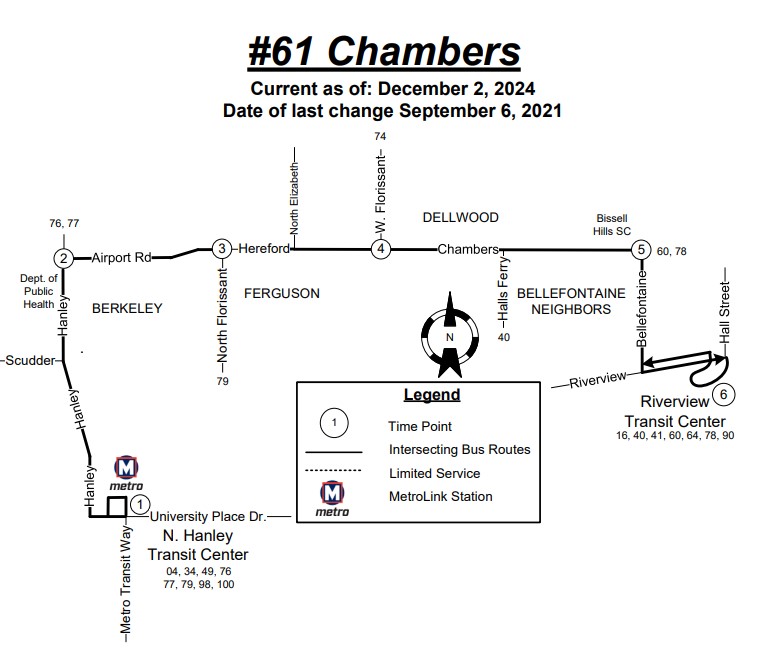 Route map of #61 Chambers MetroBus route effective December 2, 2024