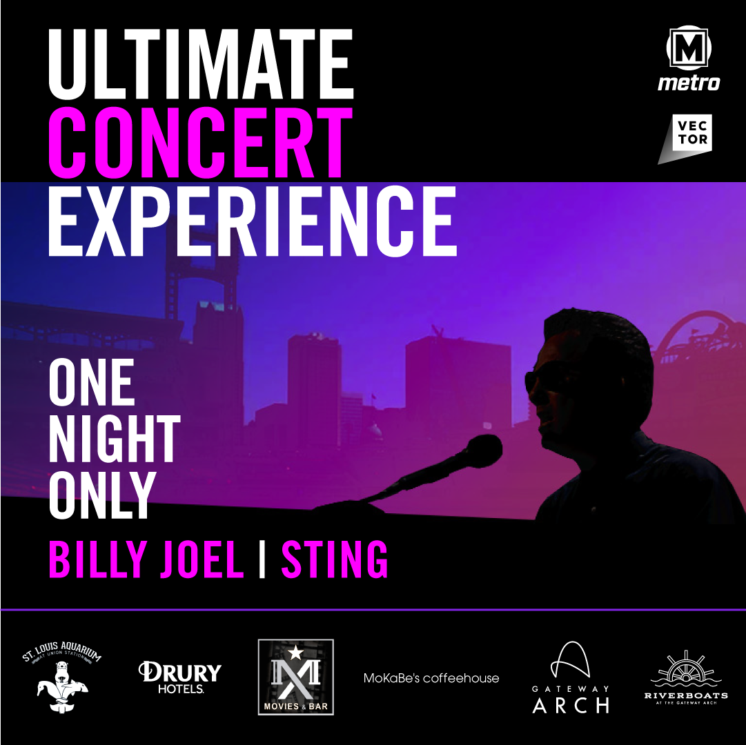 Graphic - Ultimate Concert Experience, One Night Only, Billy Joel | Sting - image has a shadowed silhouette of Billy Joel at a piano