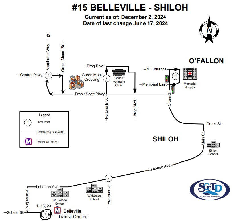 Map of #15 Belleville-Shiloh-OFallon MetroBus route, effective December 2, 2024