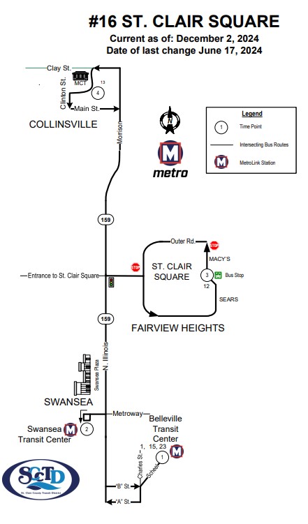 Map of #16 St. Clair Square MetroBus route, effective December 2, 2024