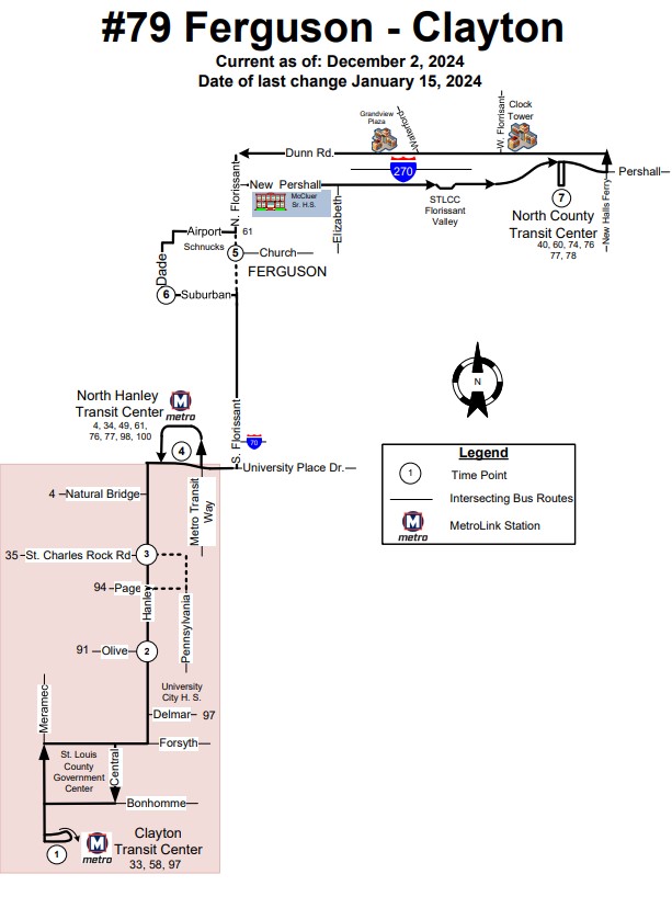 Route map for the #79 Ferguson-Clayton MetroBus route, effective December 2, 2024
