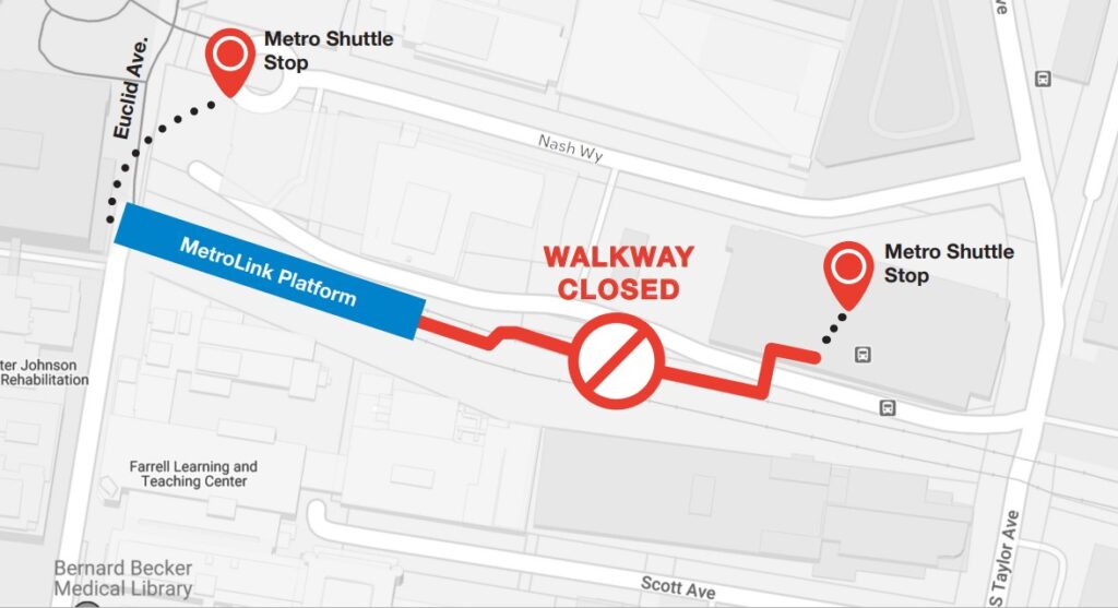 Map of shuttle bus route at Central West End MetroLink Station
