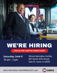 Image show three operators looking at camera from operator cab on the bus, with information on June 6 Hiring Event