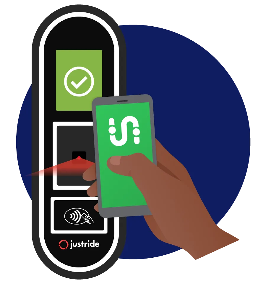 Illustration of a hand holding a phone with the Transit app to a validator machine