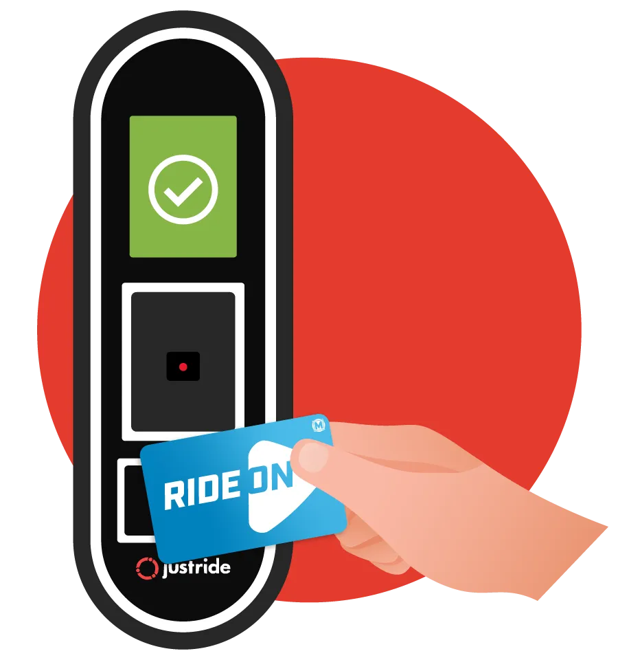 Illustration of a hand holding a new Ride On card to a validator machine