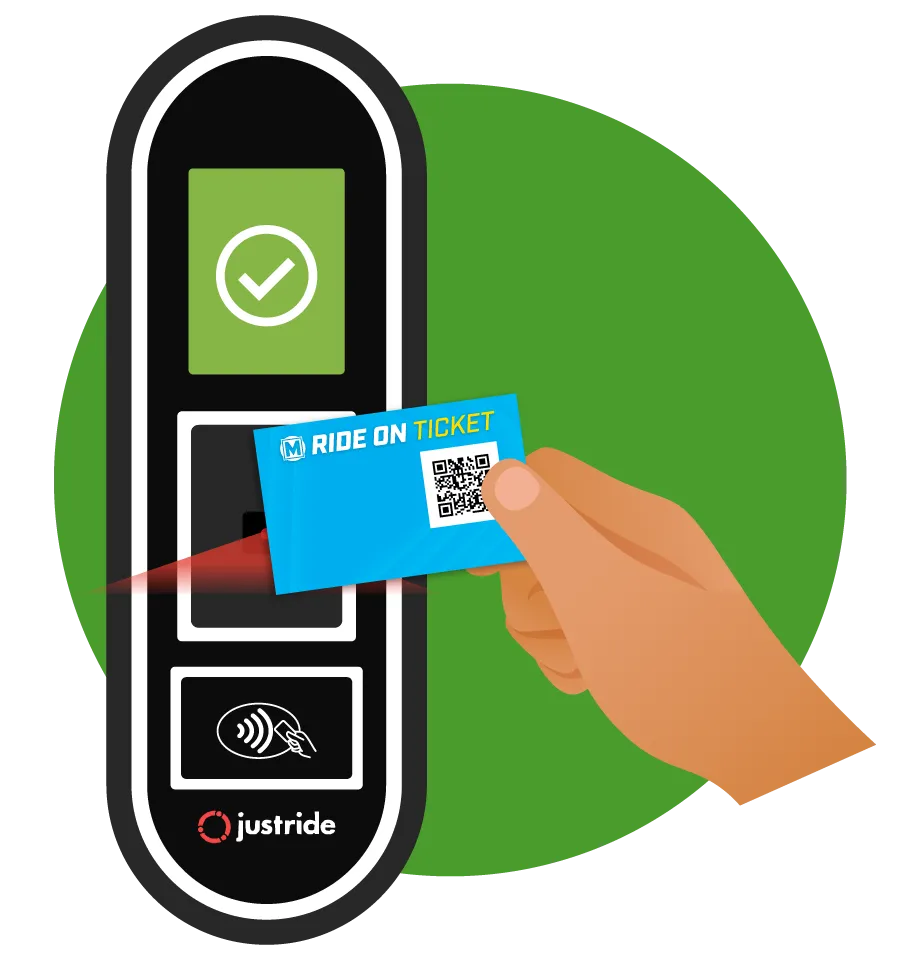 Illustration of a hand holding a new Ride On ticket to a validator machine