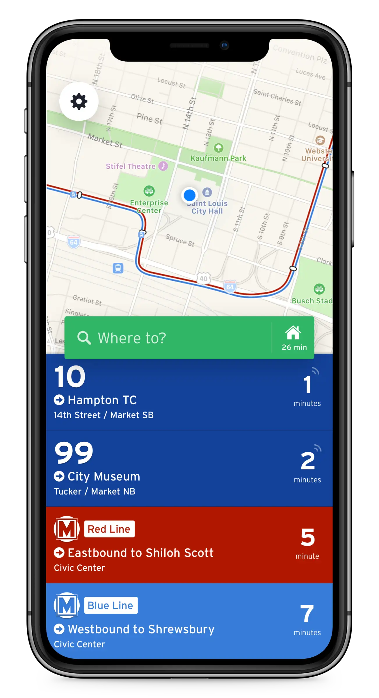 Phone screen showing Transit App with the user's GPS location as a blue dot on the map, an input box labeled 'Where To?' with example routes nearby the user including MetroBus routes 10 and 99, MetroLink Red Line Eastbound, and MetroLink Blue Line Westbound